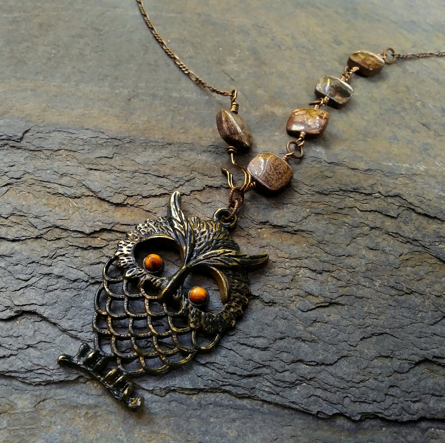 Tigers Eye and Bronzite Brass Owl Pendant