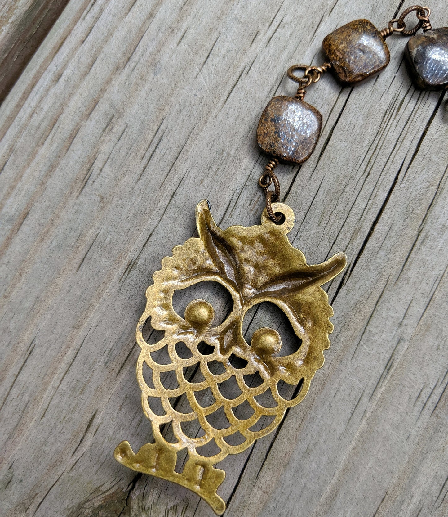 Tigers Eye and Bronzite Brass Owl Pendant back (stamped brass one sided)
