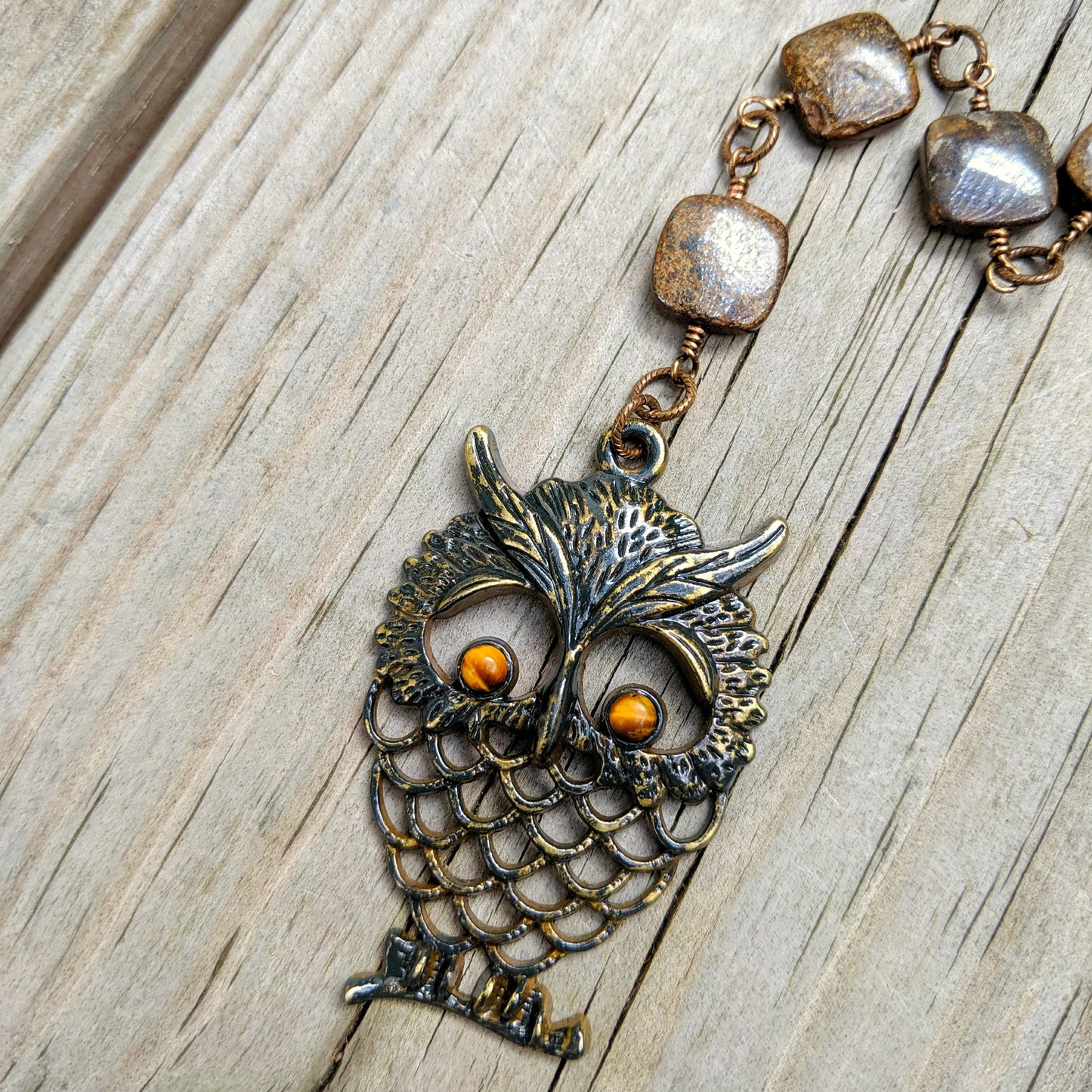 Tigers Eye and Bronzite Brass Owl Pendant