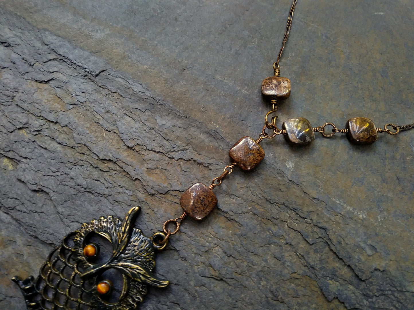 Tigers Eye and Bronzite Brass Owl Pendant