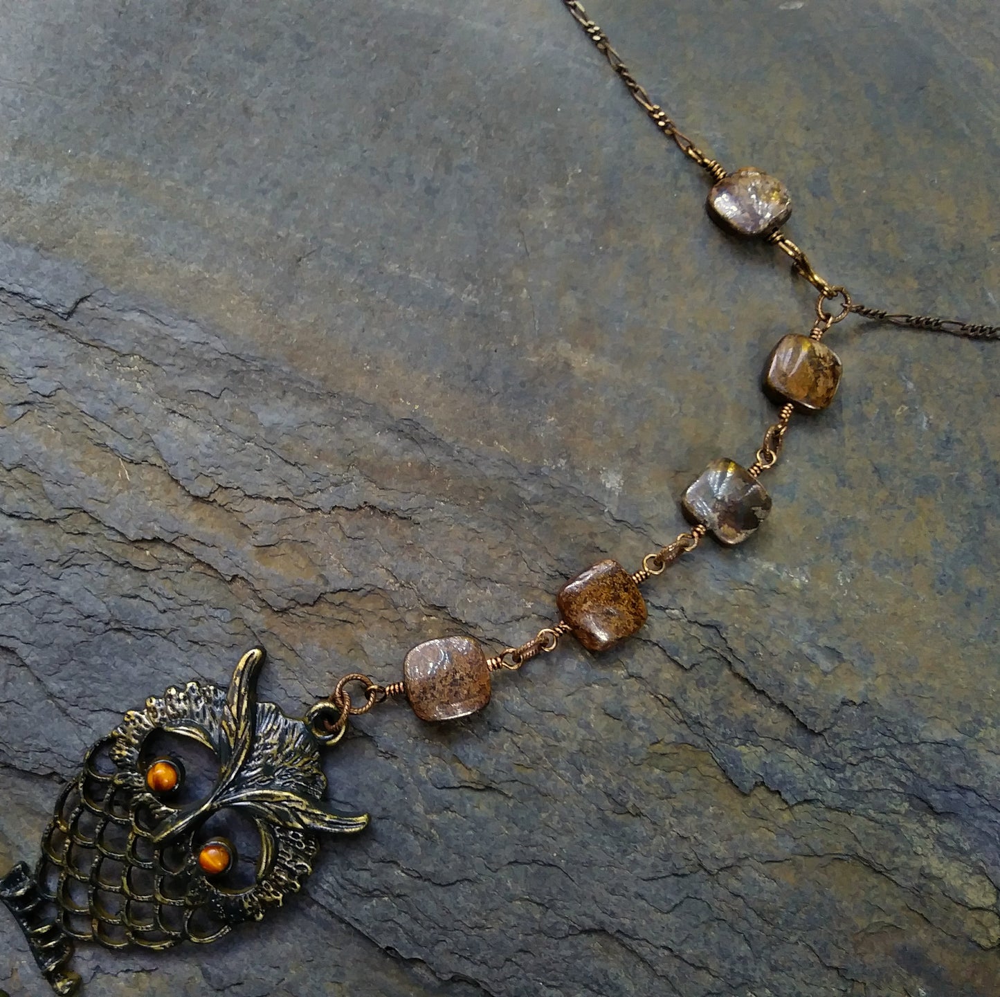 Tigers Eye and Bronzite Brass Owl Pendant