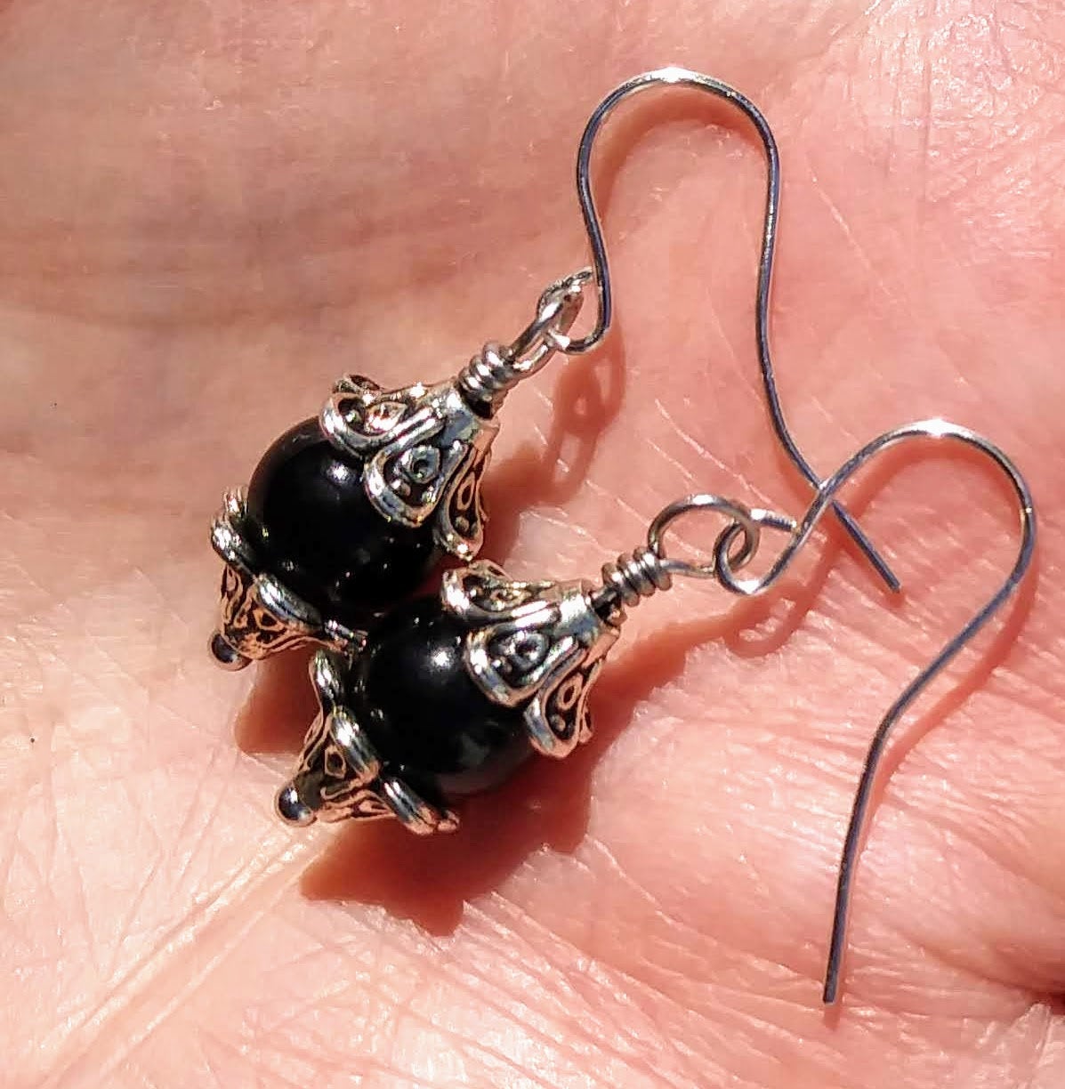 Black Onyx & Silver Floral Dangle Earrings