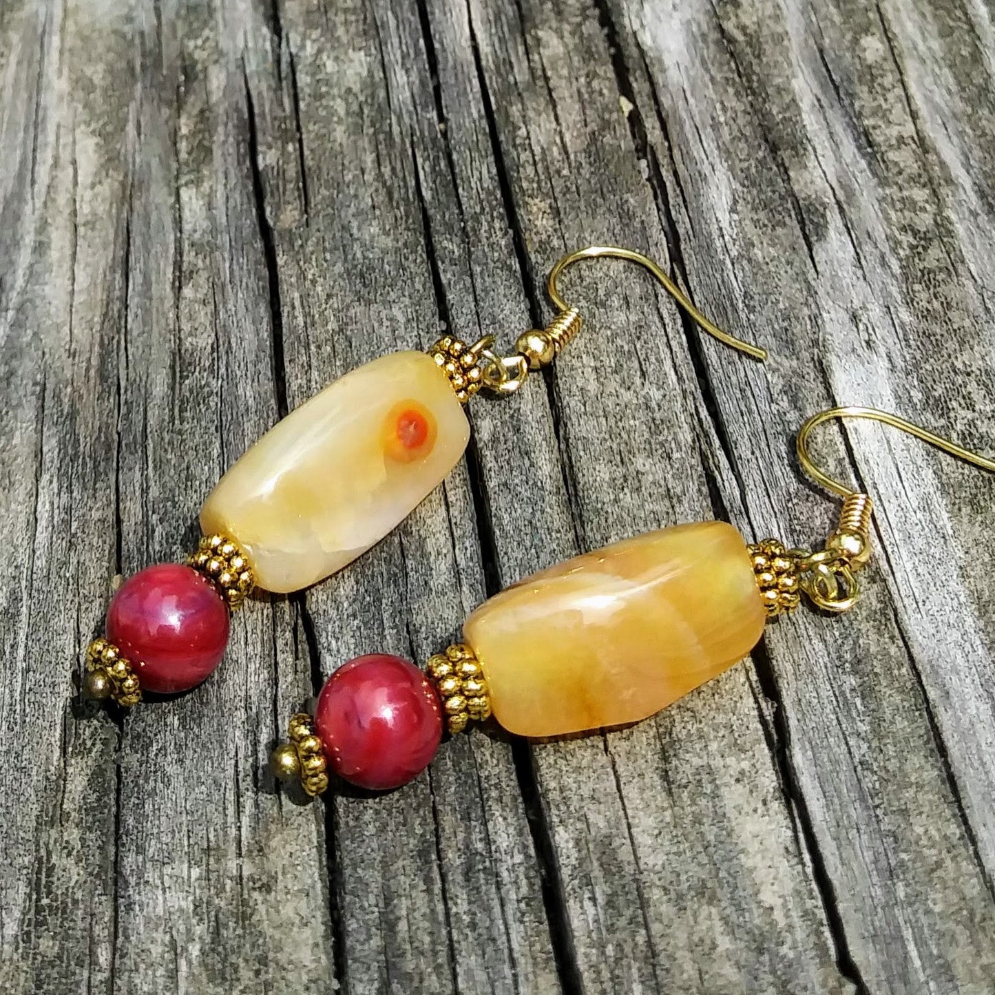 Upcycled Golden Orange Gemstone & Berry Red Statement Earrings