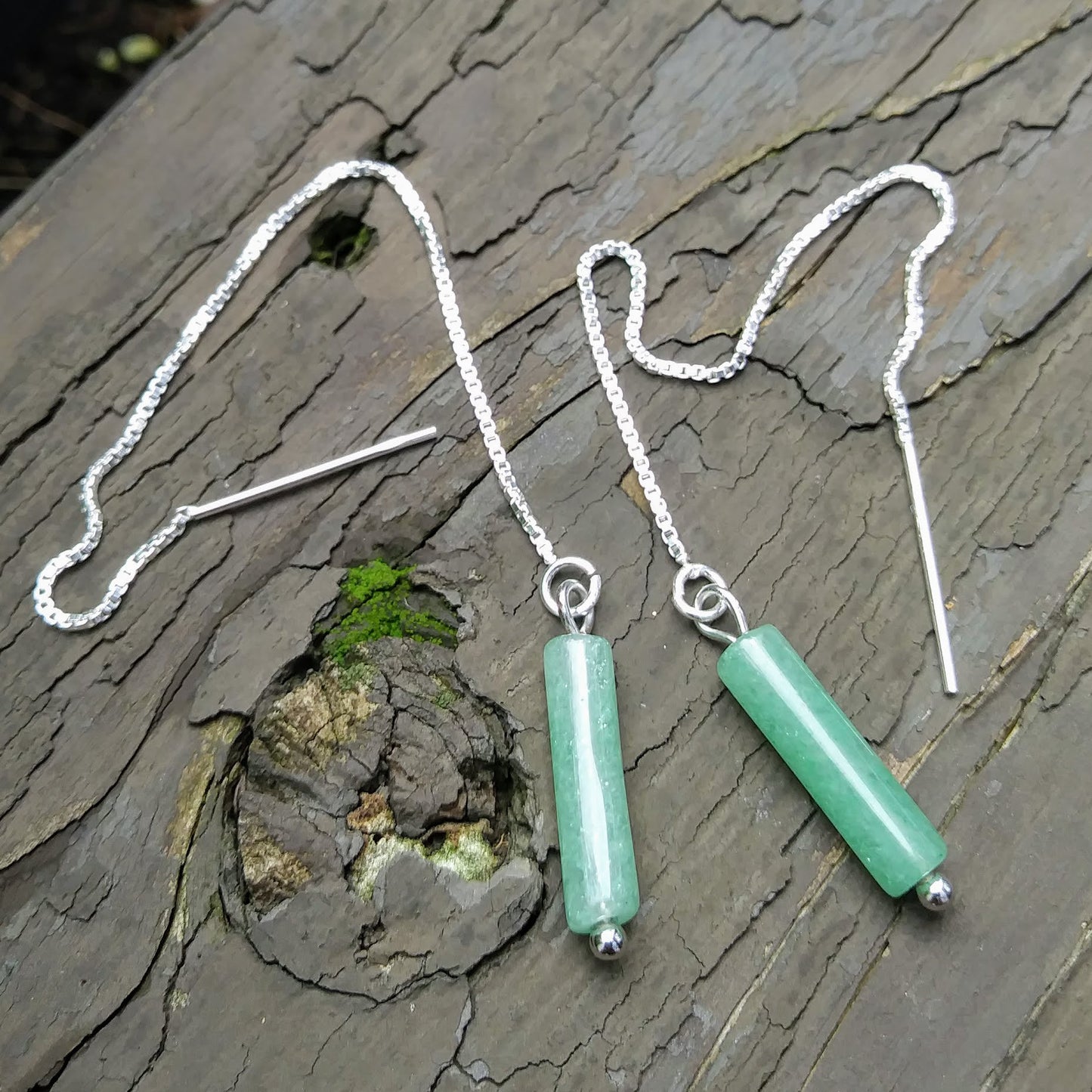 Green Aventurine Threader Earrings  - 4 inch 0.925 Sterling Silver Threads