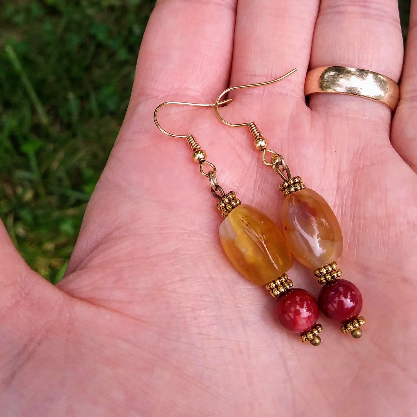 Upcycled Golden Orange Gemstone & Berry Red Statement Earrings