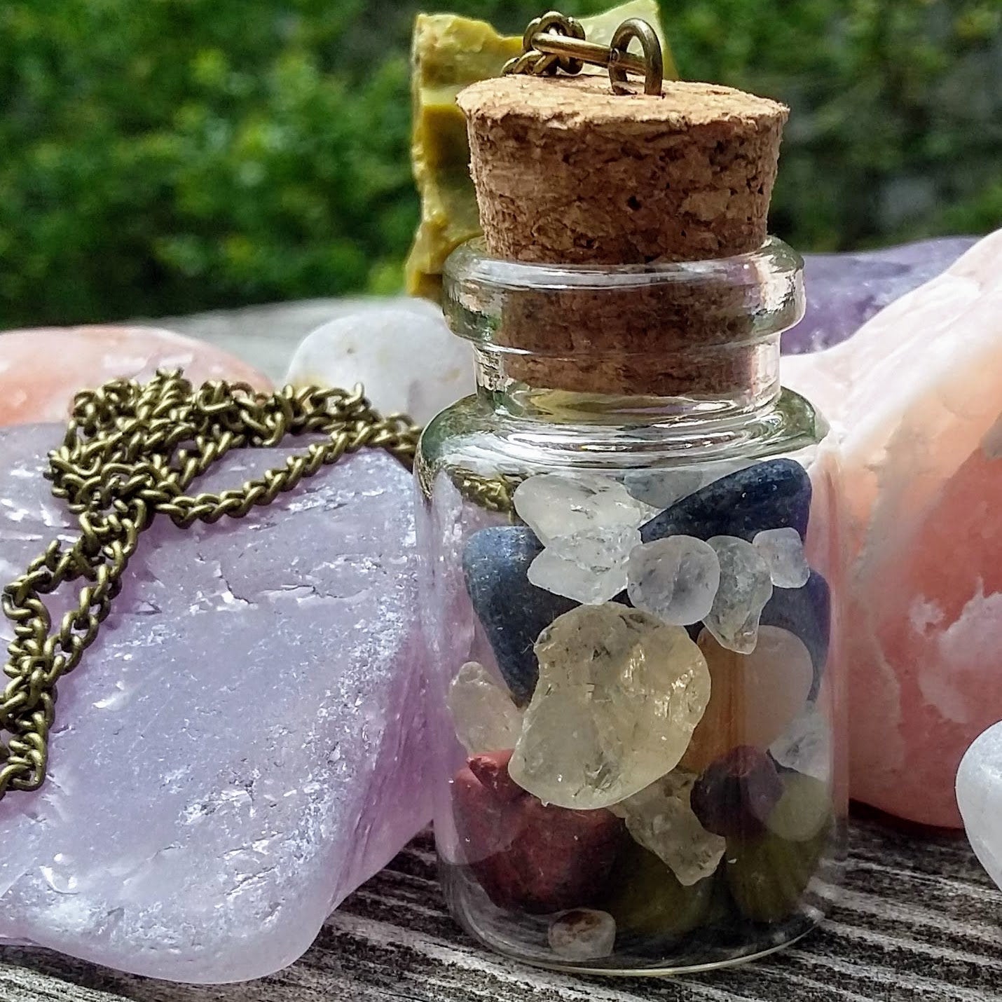 Rainbow Chakra Gemstones Corked Glass Bottle Pendant Necklace