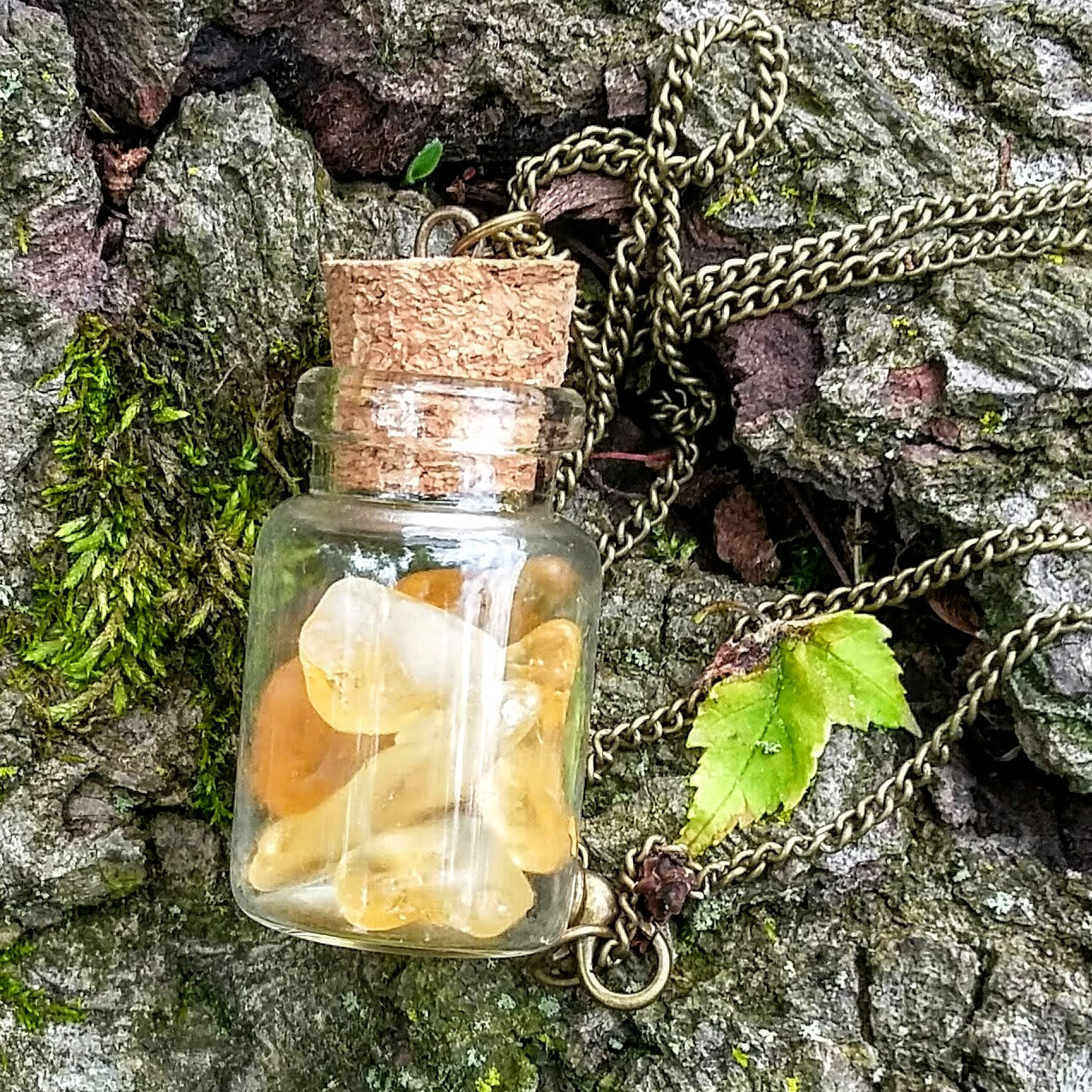 Natural Citrine Corked Glass Bottle Pendant Necklace