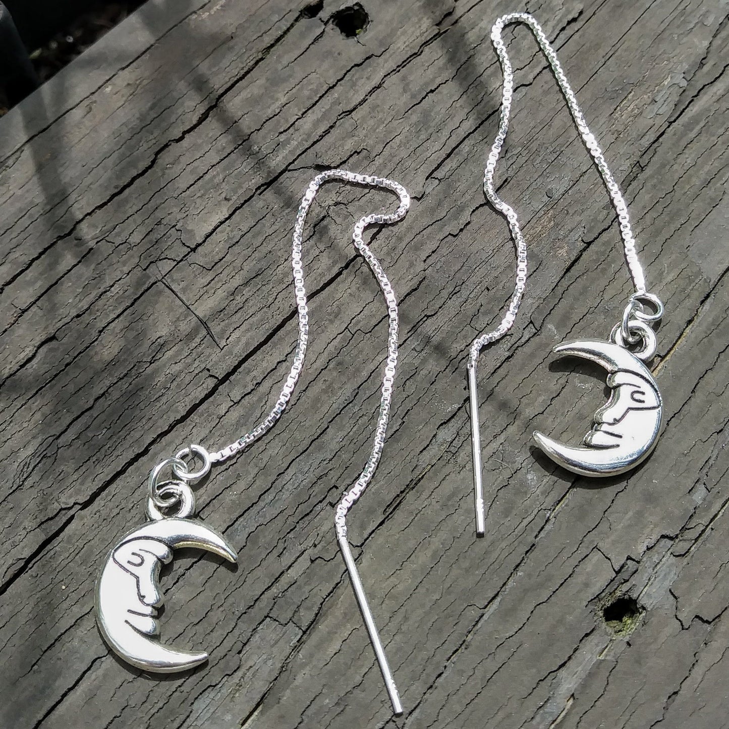 Man in the Moon Threader Earrings - 4 inch 0.925 Sterling Silver Threads