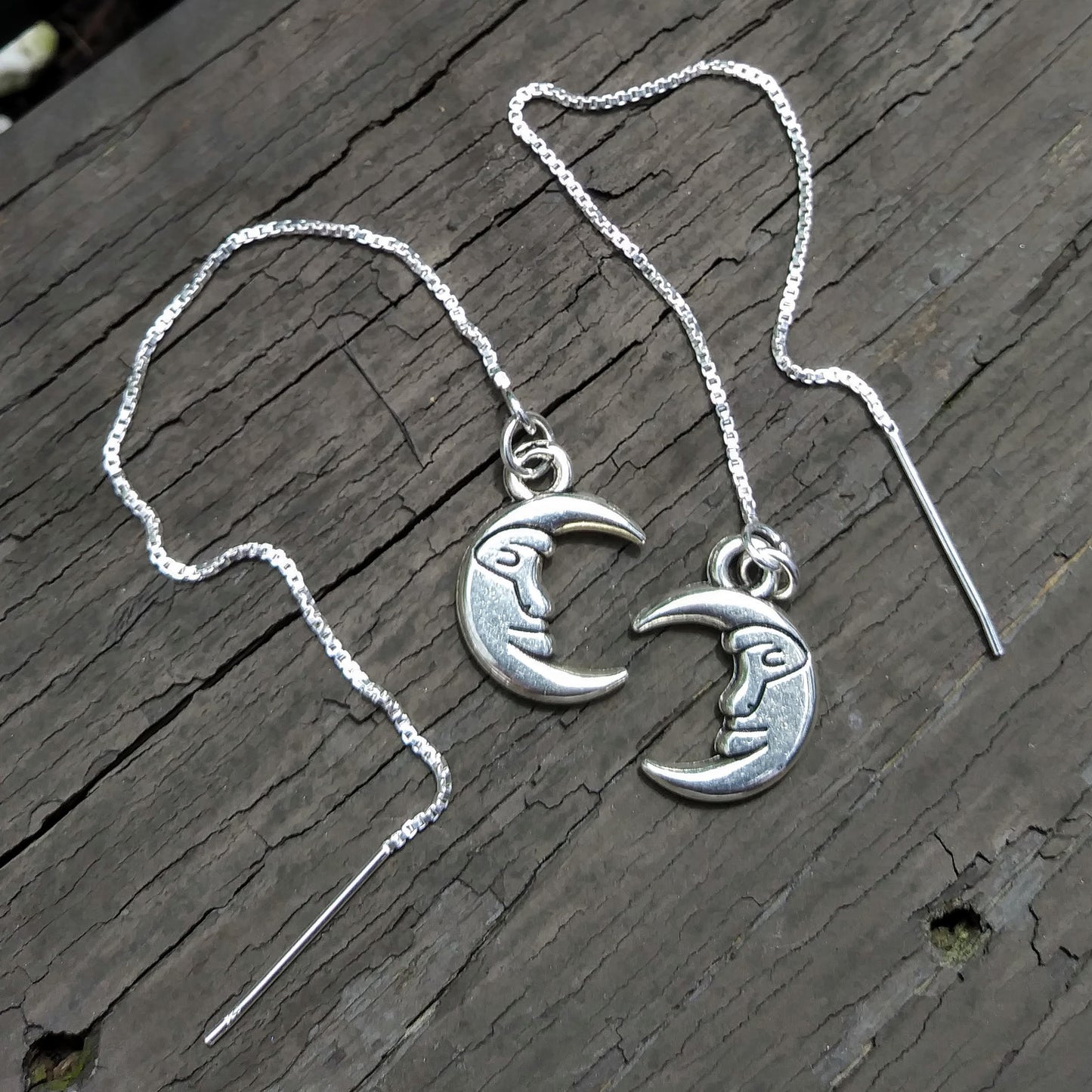Man in the Moon Threader Earrings - 4 inch 0.925 Sterling Silver Threads