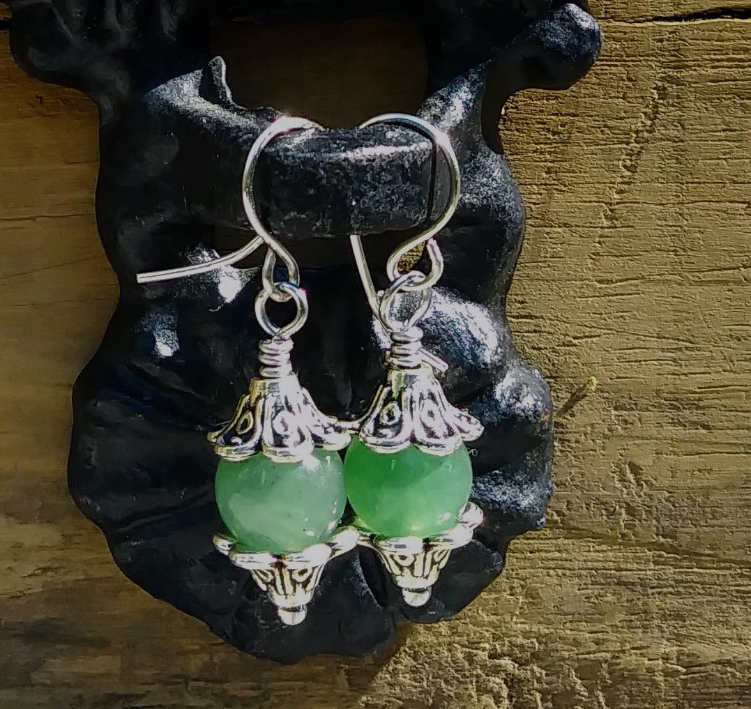 Green Aventurine & Silver Floral Dangle Earrings