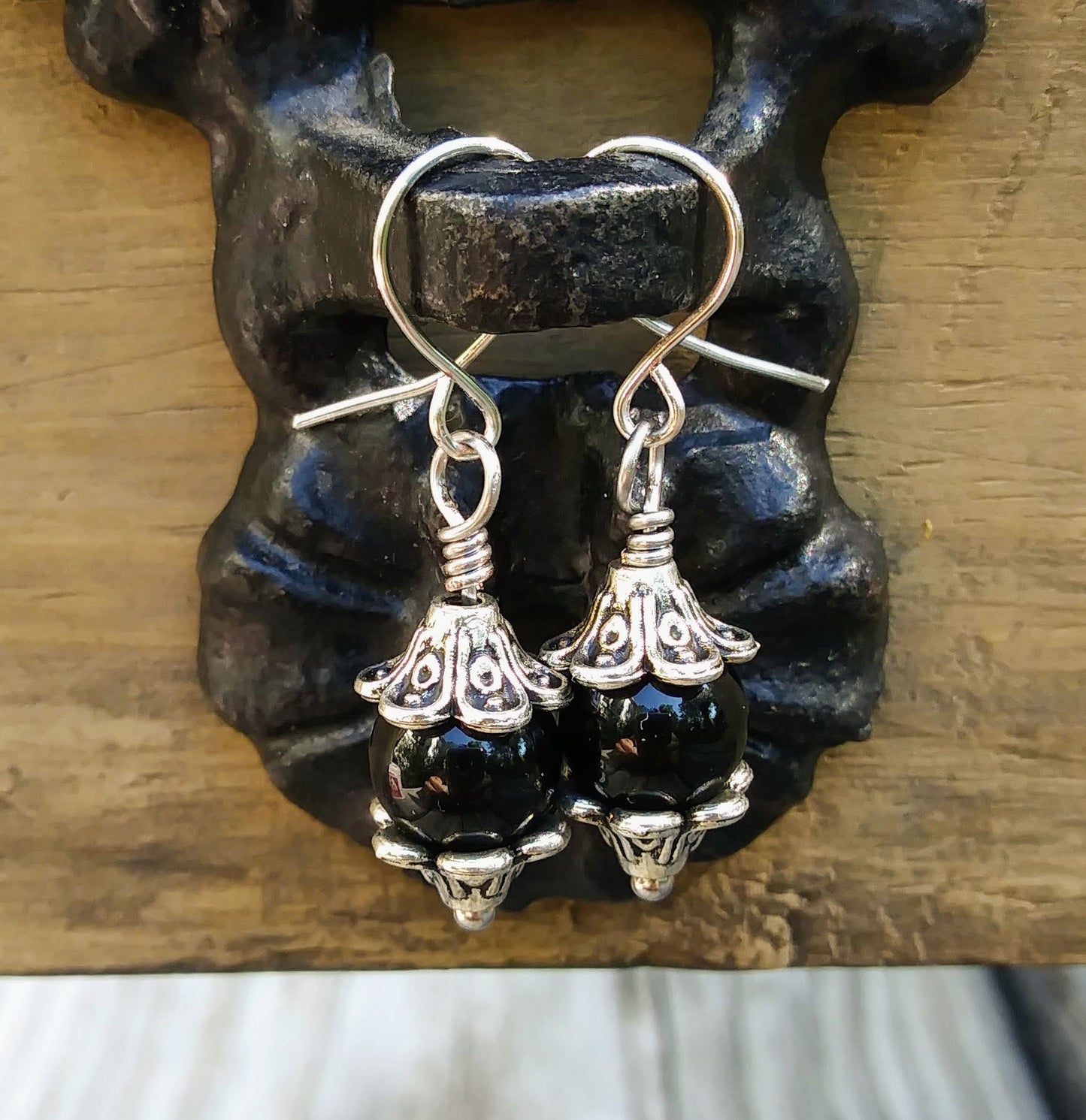 Black Onyx & Silver Floral Dangle Earrings