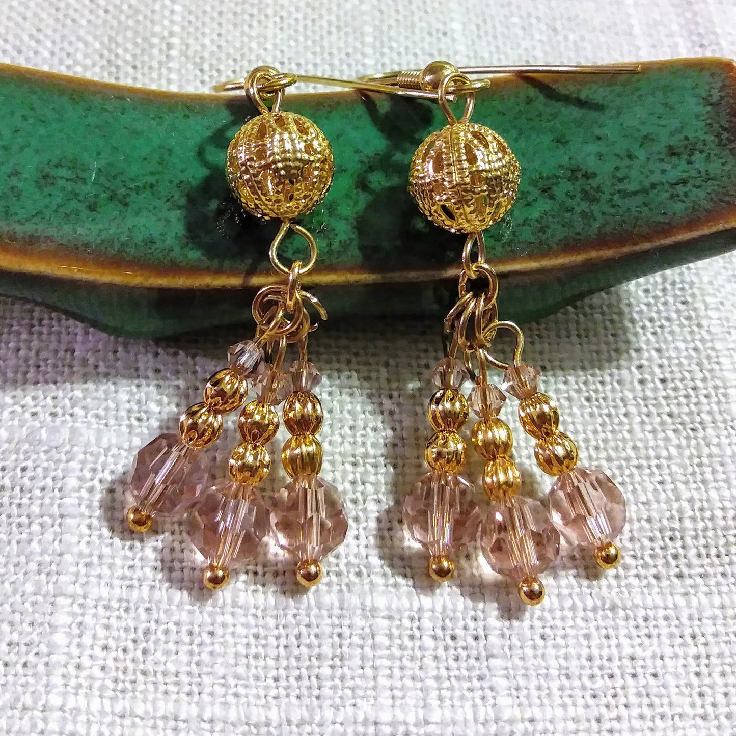 Romantic Light Pink Austrian Crystal Cluster Earrings with Edwardian Gold Filigree