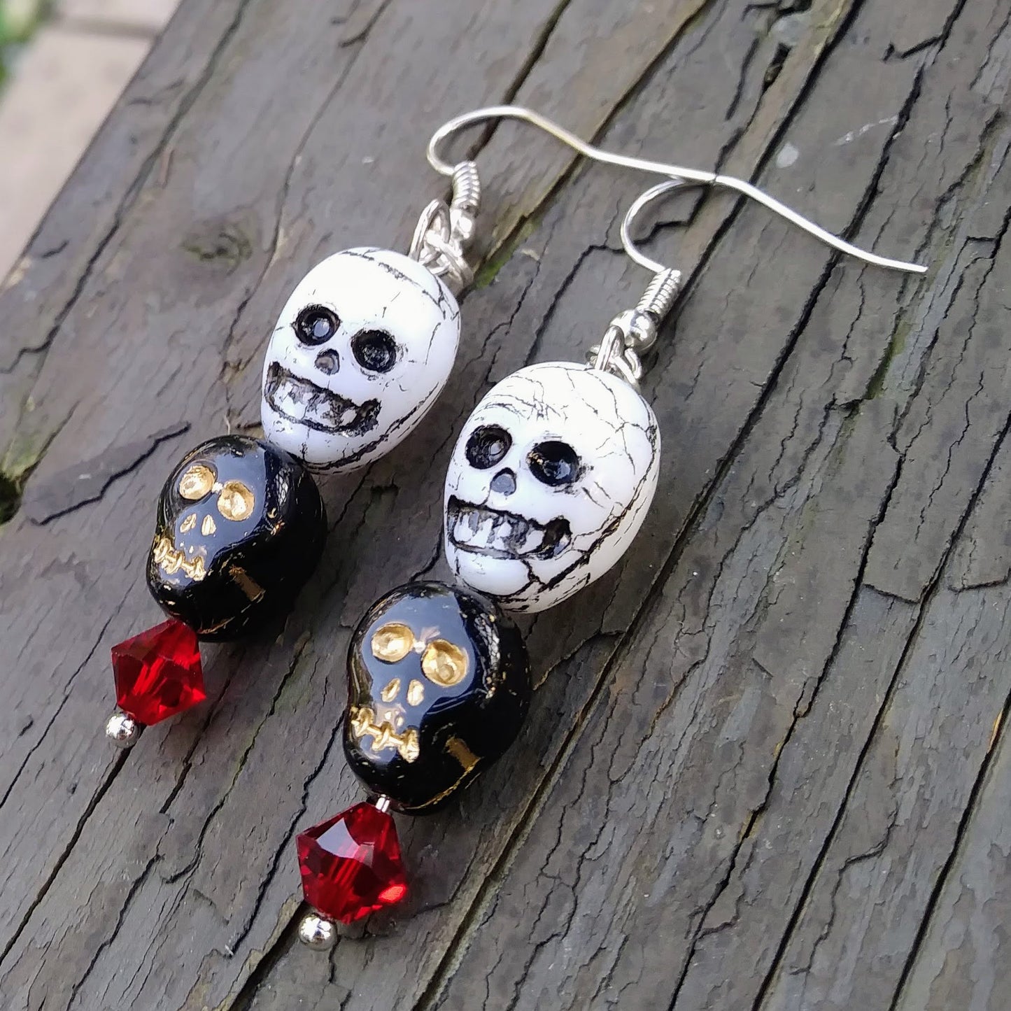 Black Skull White Skull Dangle Earrings with Red Austrian Crystals