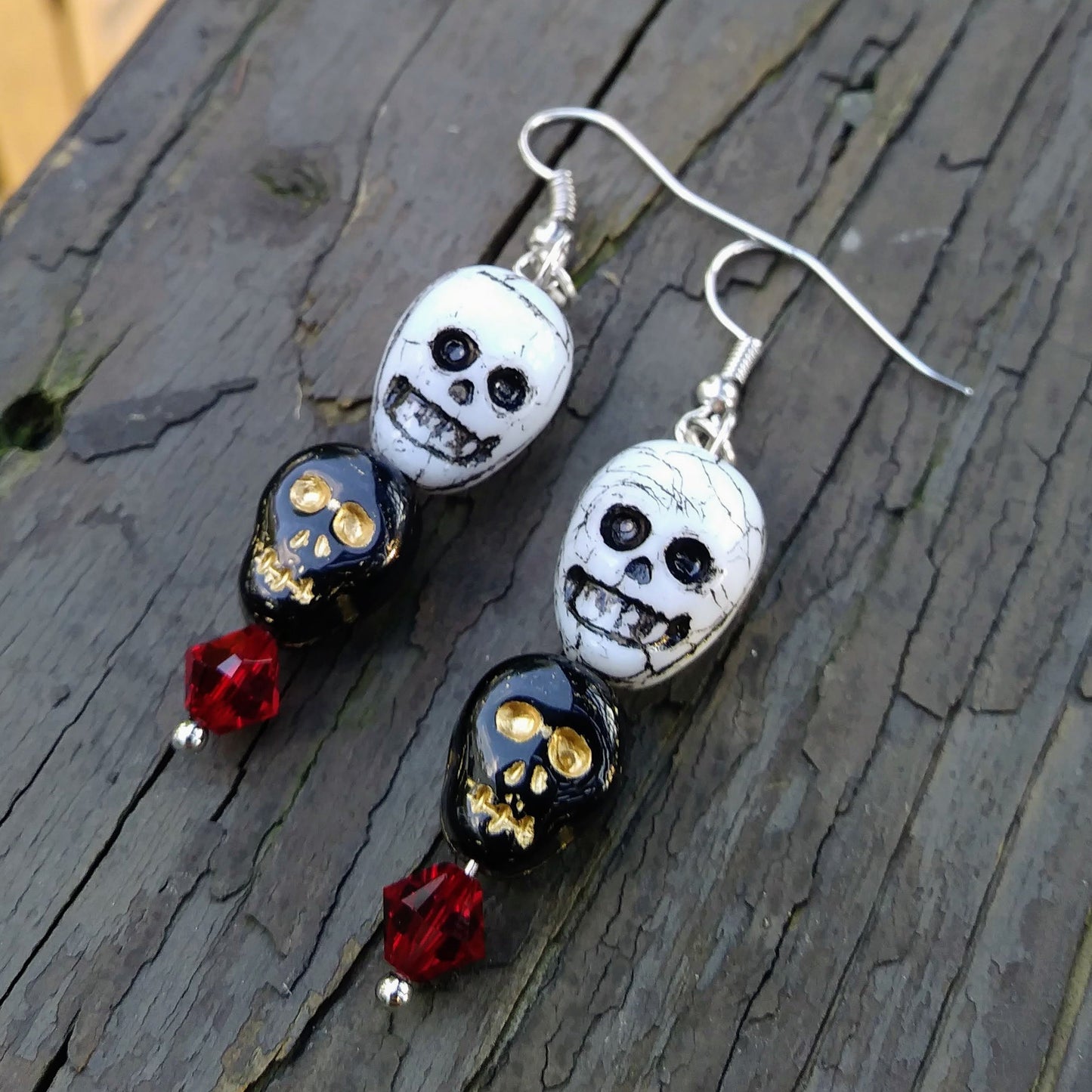 Black Skull White Skull Dangle Earrings with Red Austrian Crystals