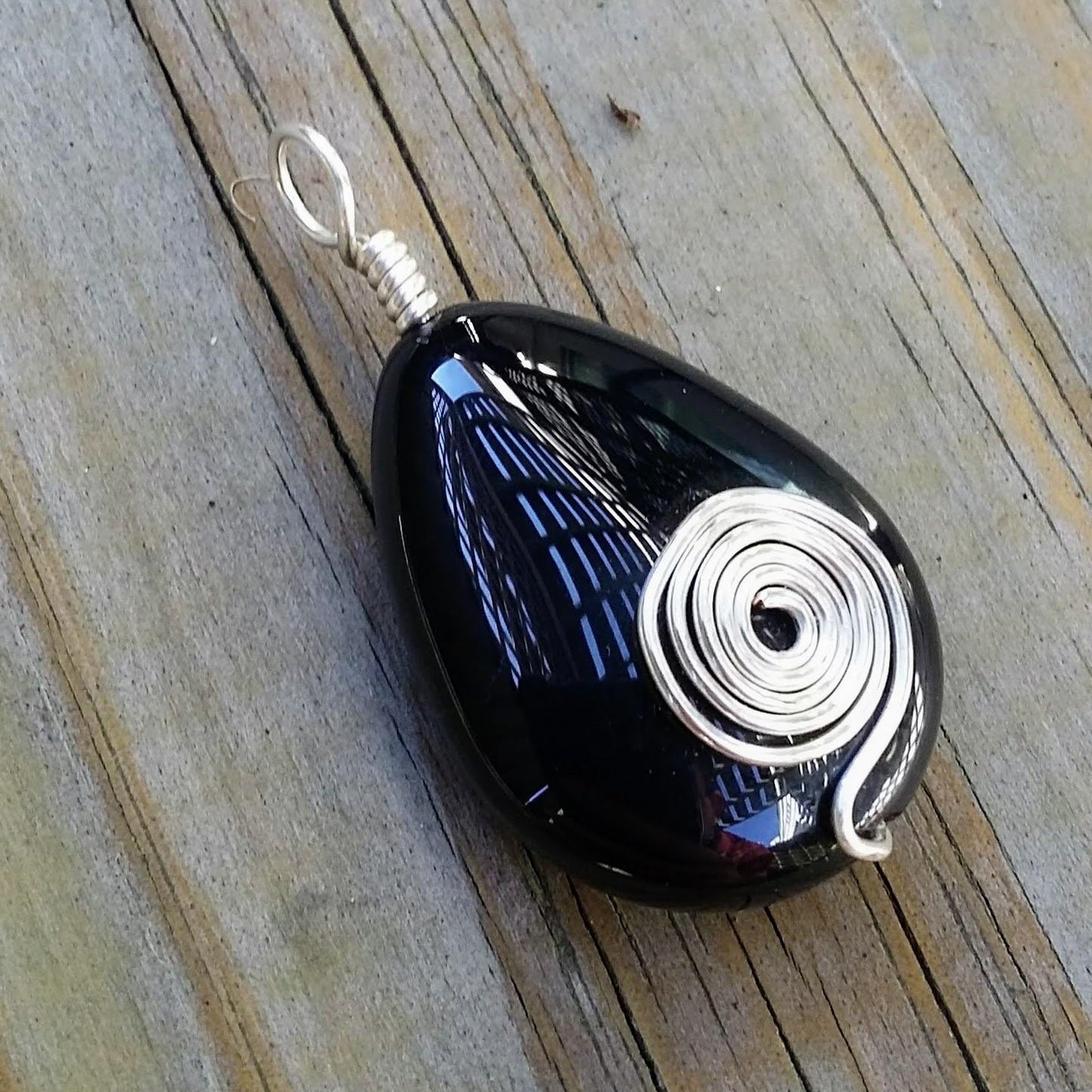 Glossy Black Onyx Teardrop Pendant w Silver Spiral Wire Wrap