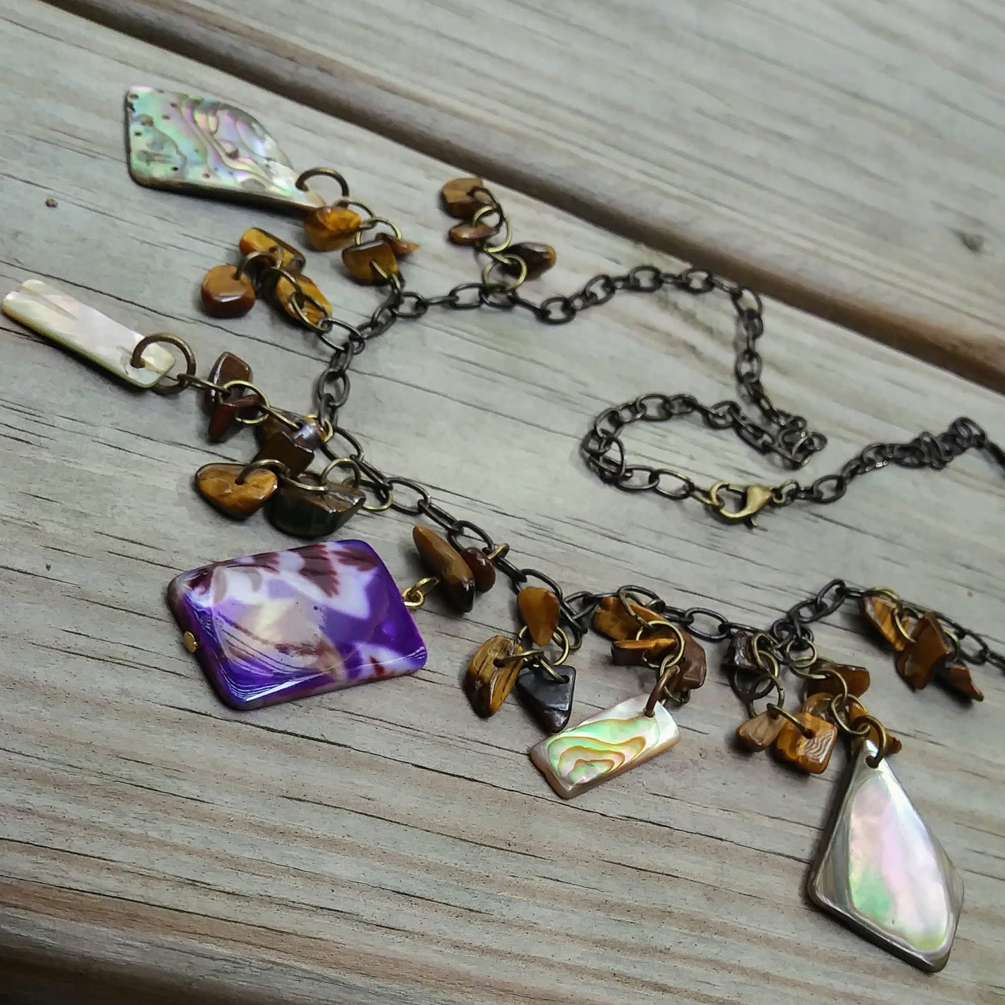 Upcycled Natural Shell & Tigers Eye Purple Assemblage Necklace Set w Earrings