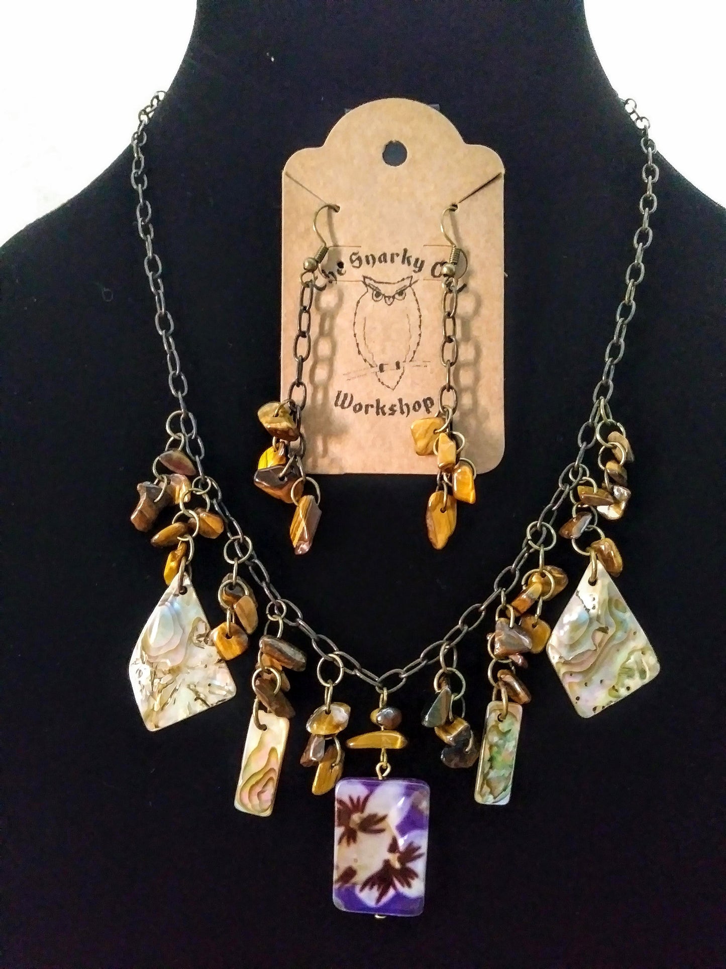 Upcycled Natural Shell & Tigers Eye Purple Assemblage Necklace Set w Earrings