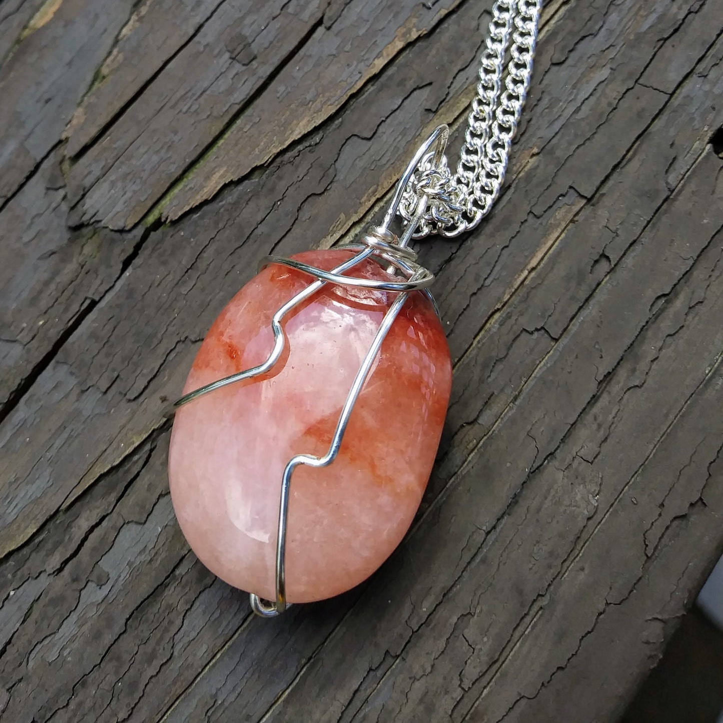 Crazy Wire Wrapped Upcycled Large Pink Gemstone Pendant