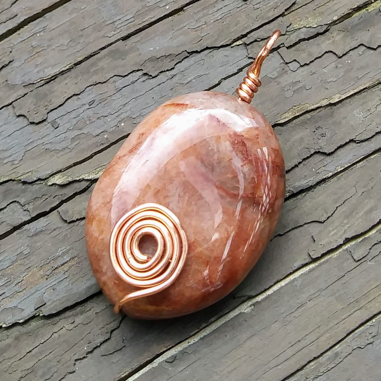 Upcycled Brown Agate Pendant w Copper Spiral Wire Wrap