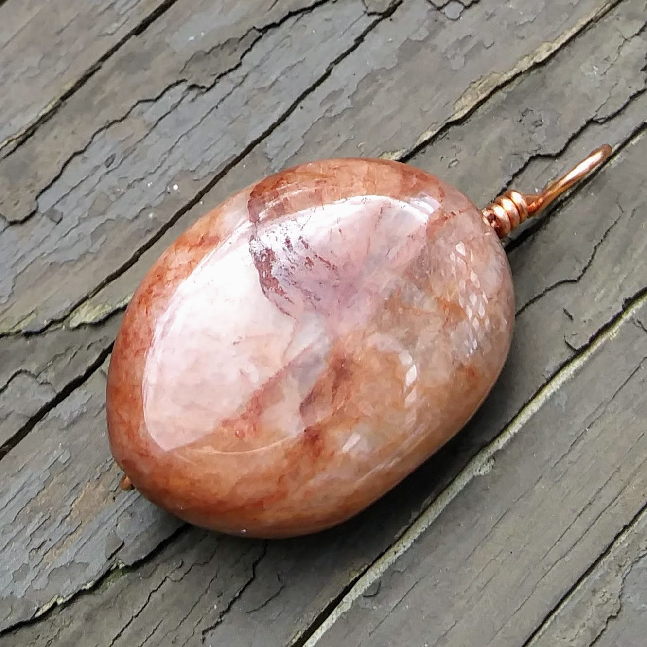 Upcycled Brown Agate Pendant w Copper Spiral Wire Wrap