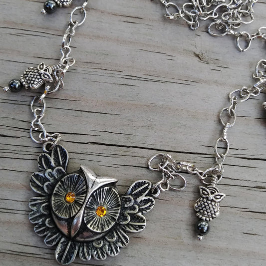 Upcycled Silver Owl Assemblage Necklace w Hematite Accents