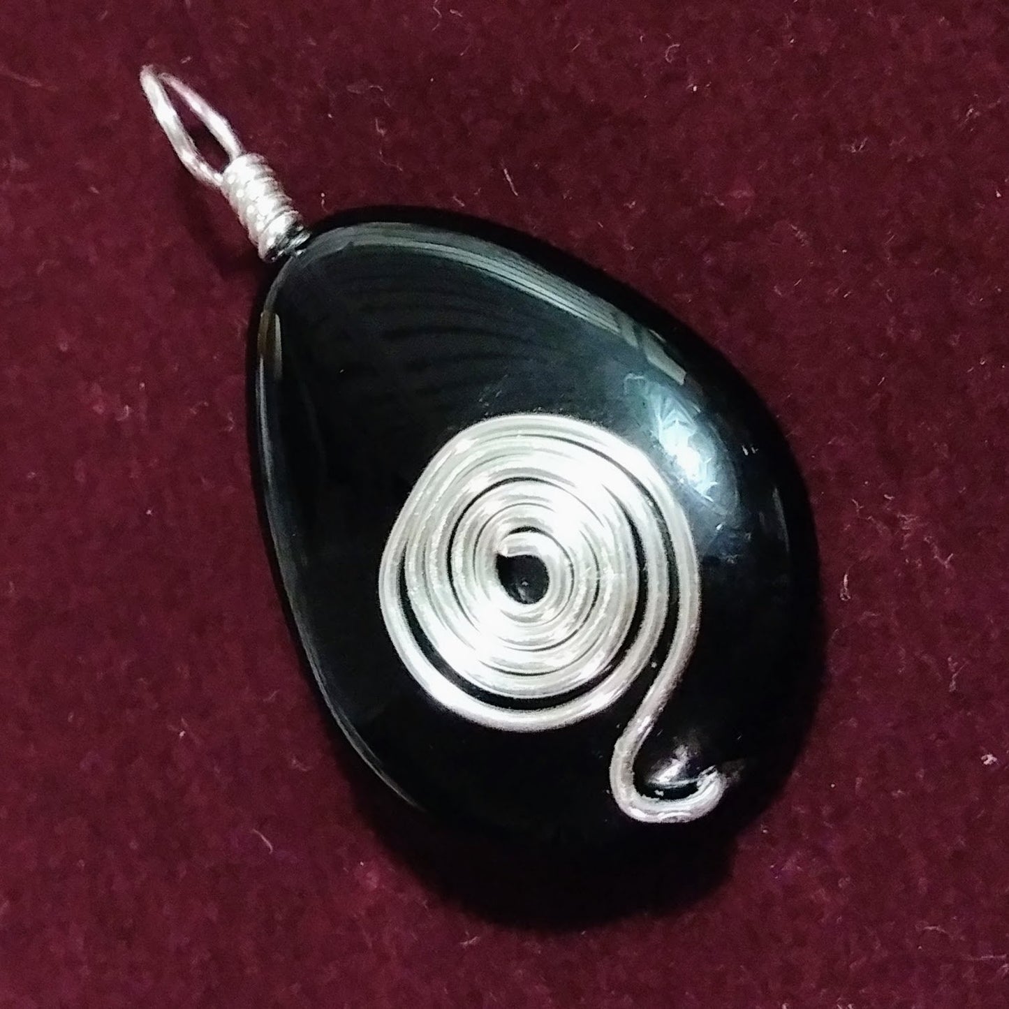 Glossy Black Onyx Teardrop Pendant w Silver Spiral Wire Wrap