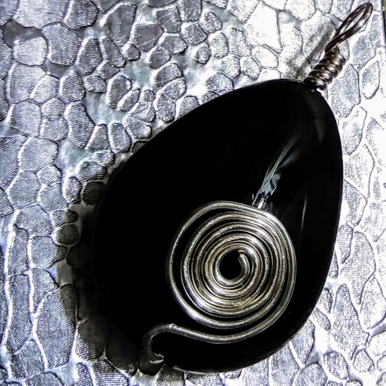 Glossy Black Onyx Teardrop Pendant w Silver Spiral Wire Wrap