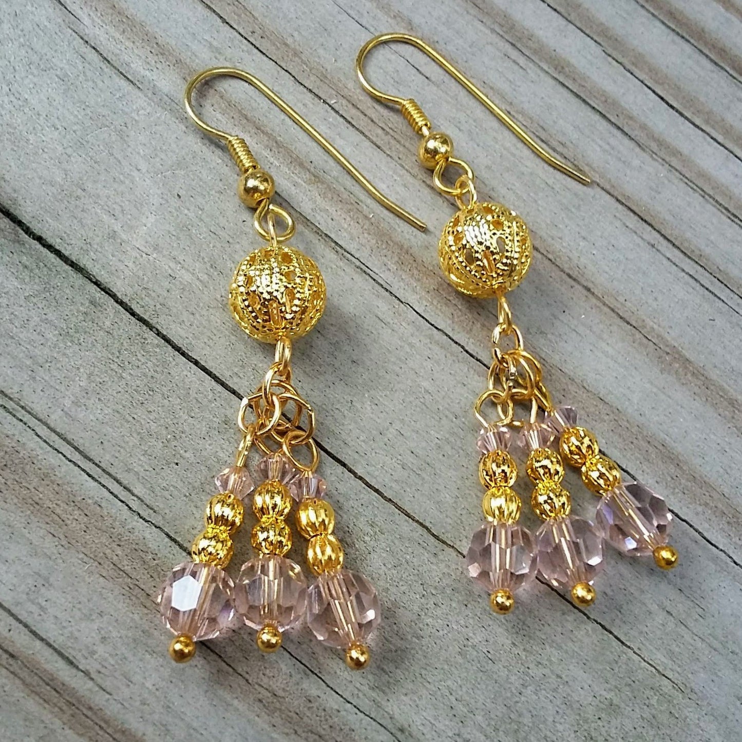 Romantic Light Pink Austrian Crystal Cluster Earrings with Edwardian Gold Filigree