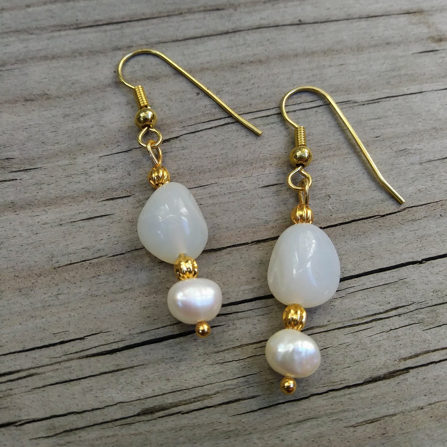 Peruvian White Opal Gold Dangle Earrings with Pearl Accents