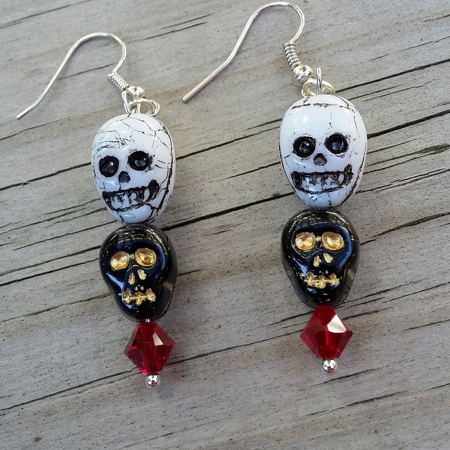 Black Skull White Skull Dangle Earrings with Red Austrian Crystals