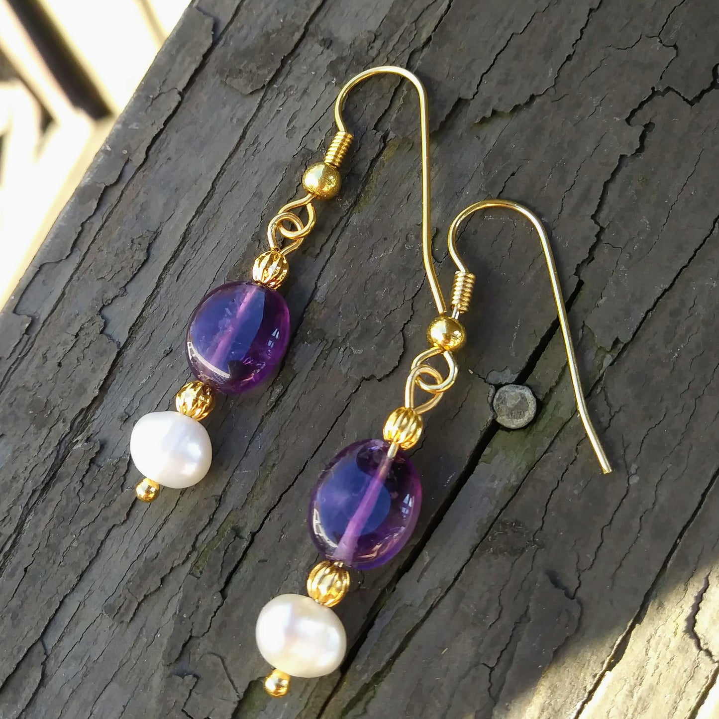 Deep Purple Amethyst & Pearl Gold Dangle Earrings