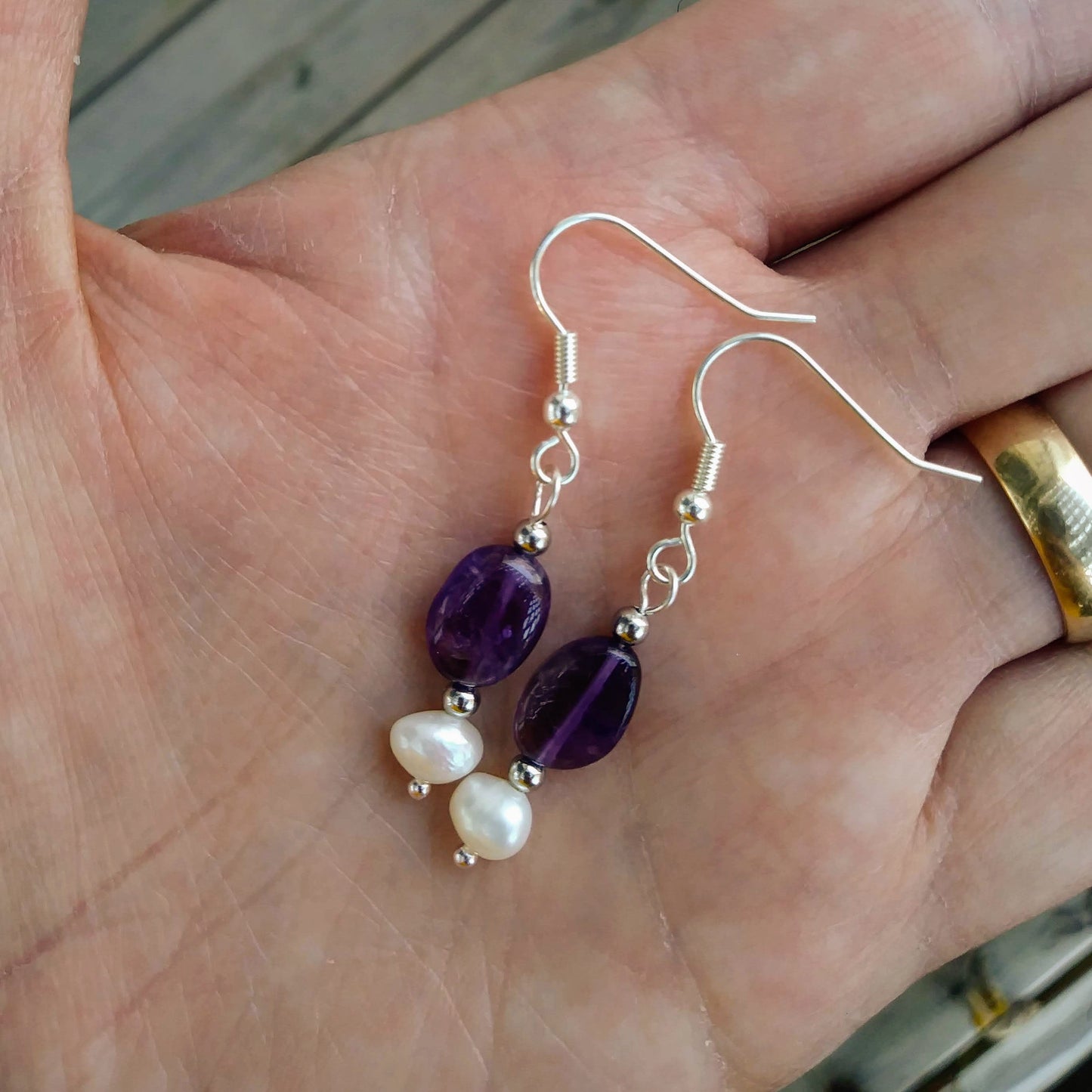 Deep Purple Amethyst & Pearl Silver Dangle Earrings