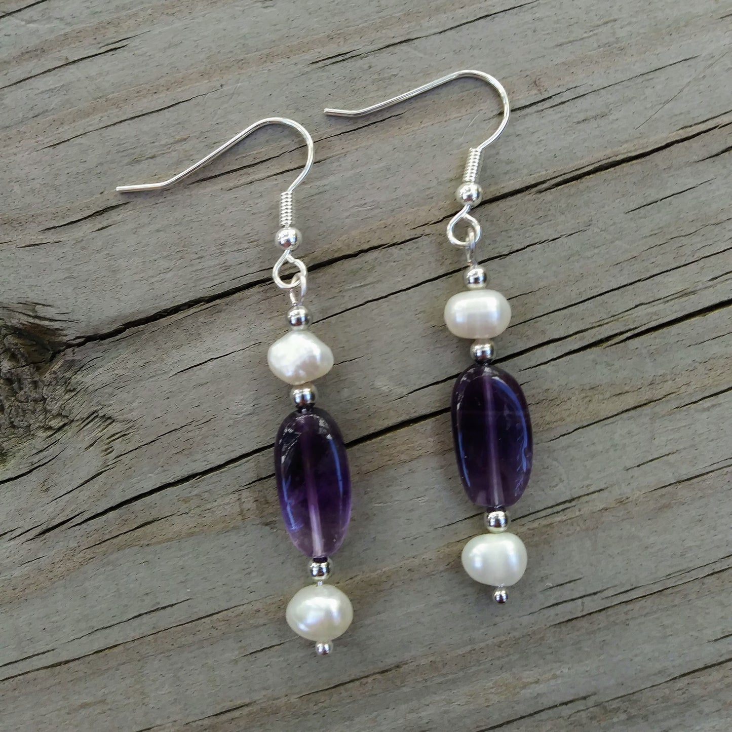 Deep Purple Amethyst & Double Pearl Silver Dangle Earrings