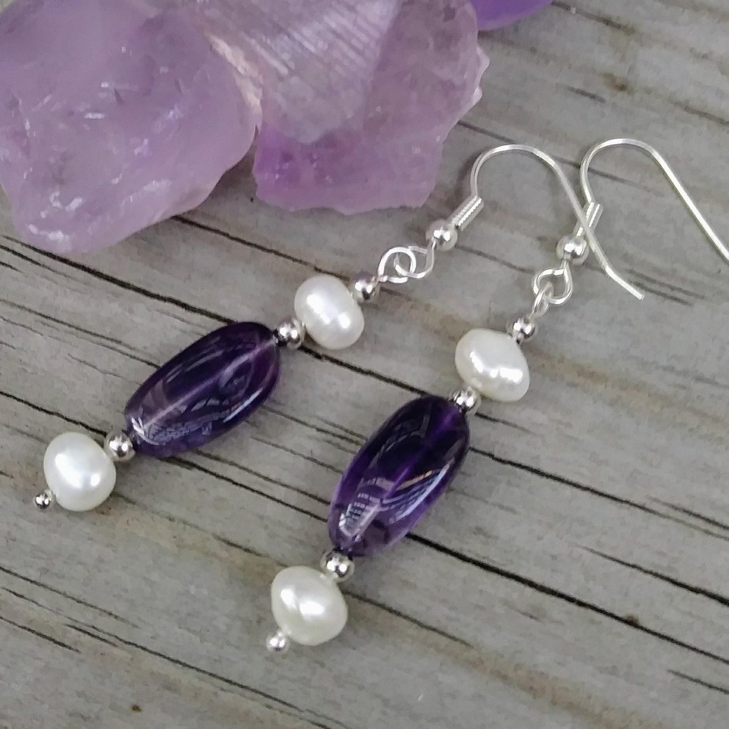 Deep Purple Amethyst & Double Pearl Silver Dangle Earrings