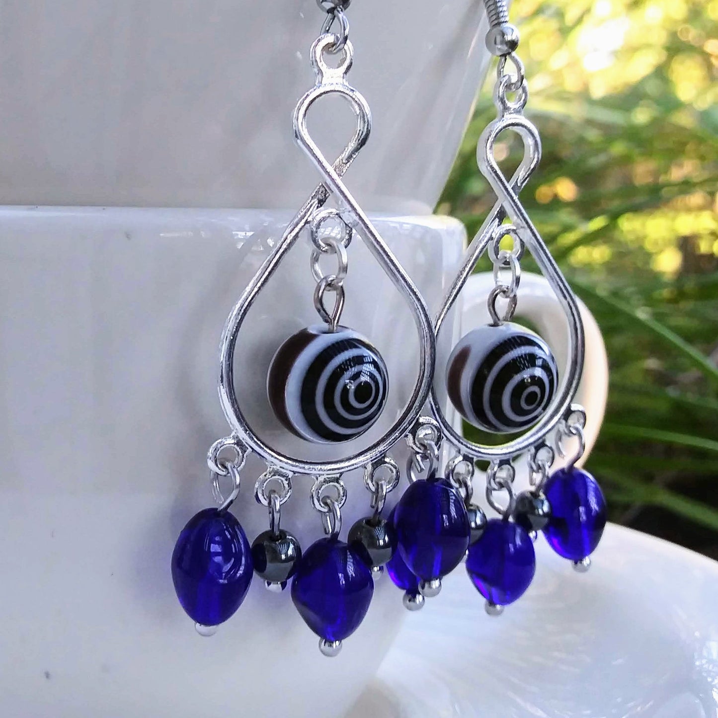 Cobalt Blue Evil Eye Chandelier Earrings in Hematite & Glass
