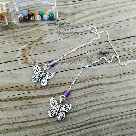 Butterfly Charm Threader Earrings with Chakra Gemstone Set - 4 inch 0.925 Sterling Silver Threads