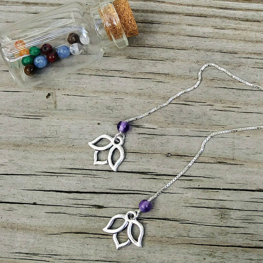 Lotus Charm Threader Earrings with Chakra Gemstone Set - 4 inch 0.925 Sterling Silver Threads