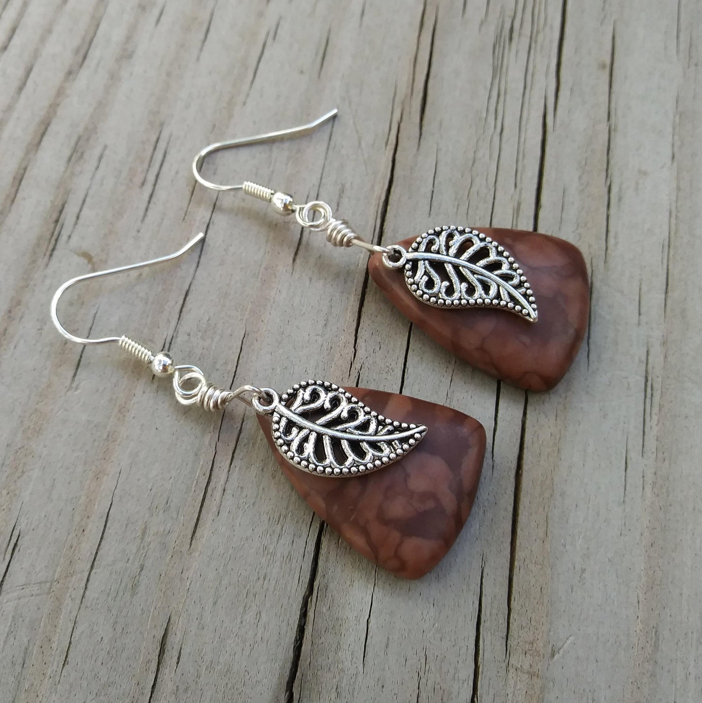 Brown Zebra Stone Silver Leaf Statement Earrings for Fall