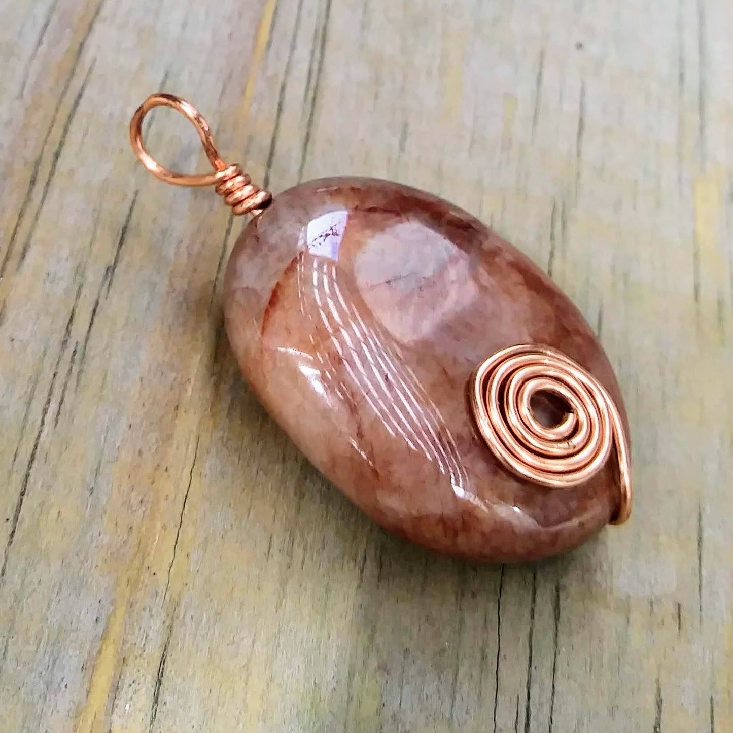 Upcycled Brown Agate Pendant w Copper Spiral Wire Wrap