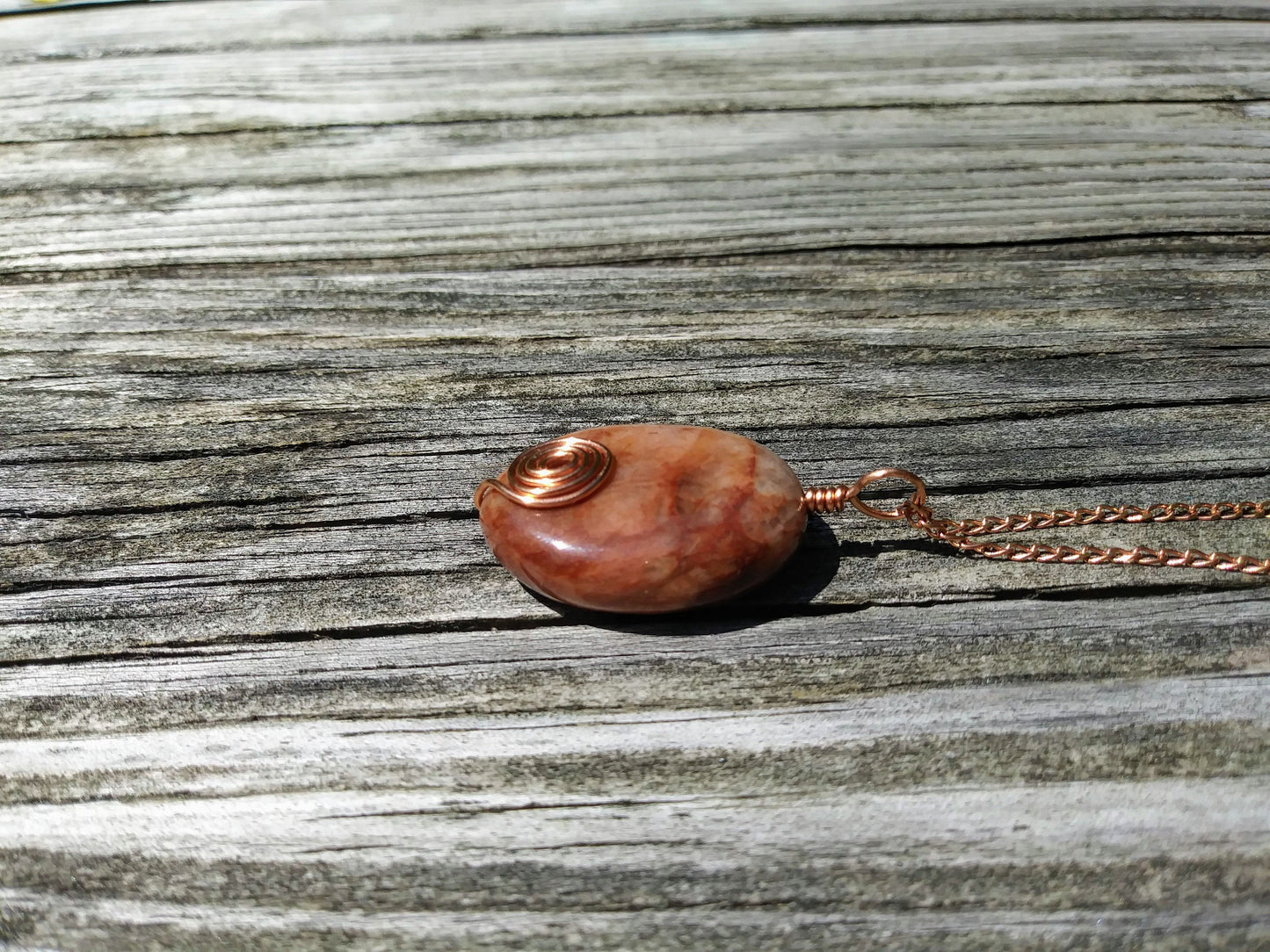 Upcycled Brown Agate Pendant w Copper Spiral Wire Wrap
