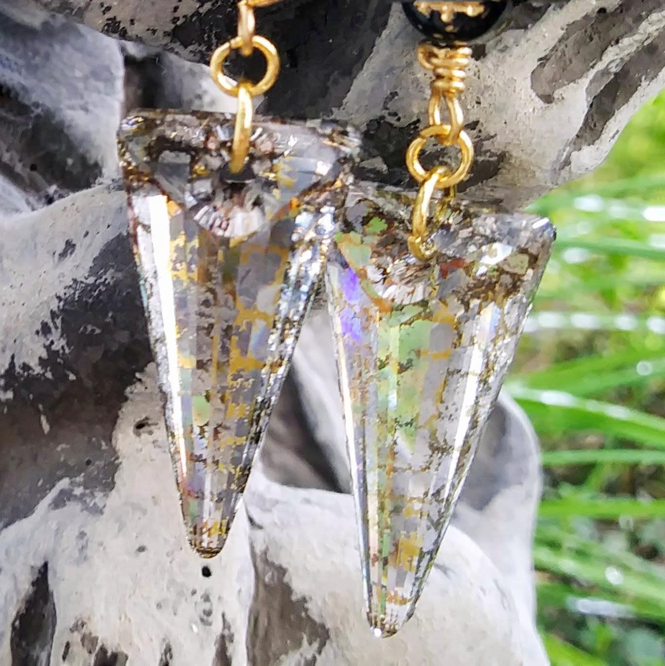 Large Austrian Crystal Spike & Black Skull Gold Statement Earrings