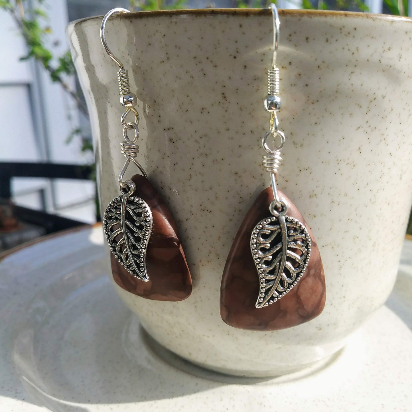 Brown Zebra Stone Silver Leaf Statement Earrings for Fall
