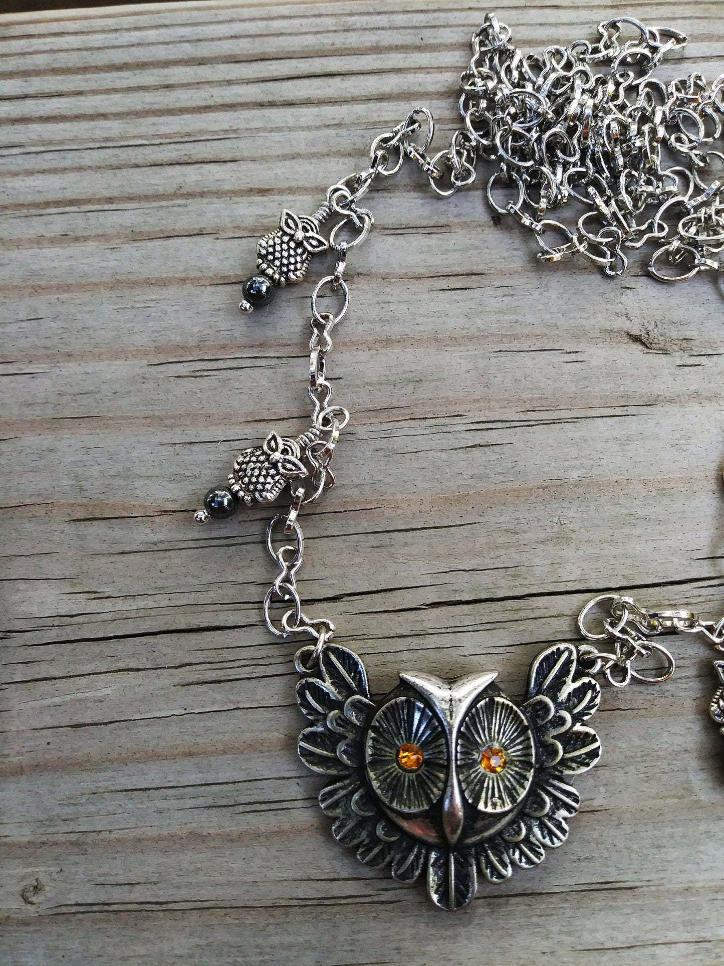 Upcycled Silver Owl Assemblage Necklace w Hematite Accents