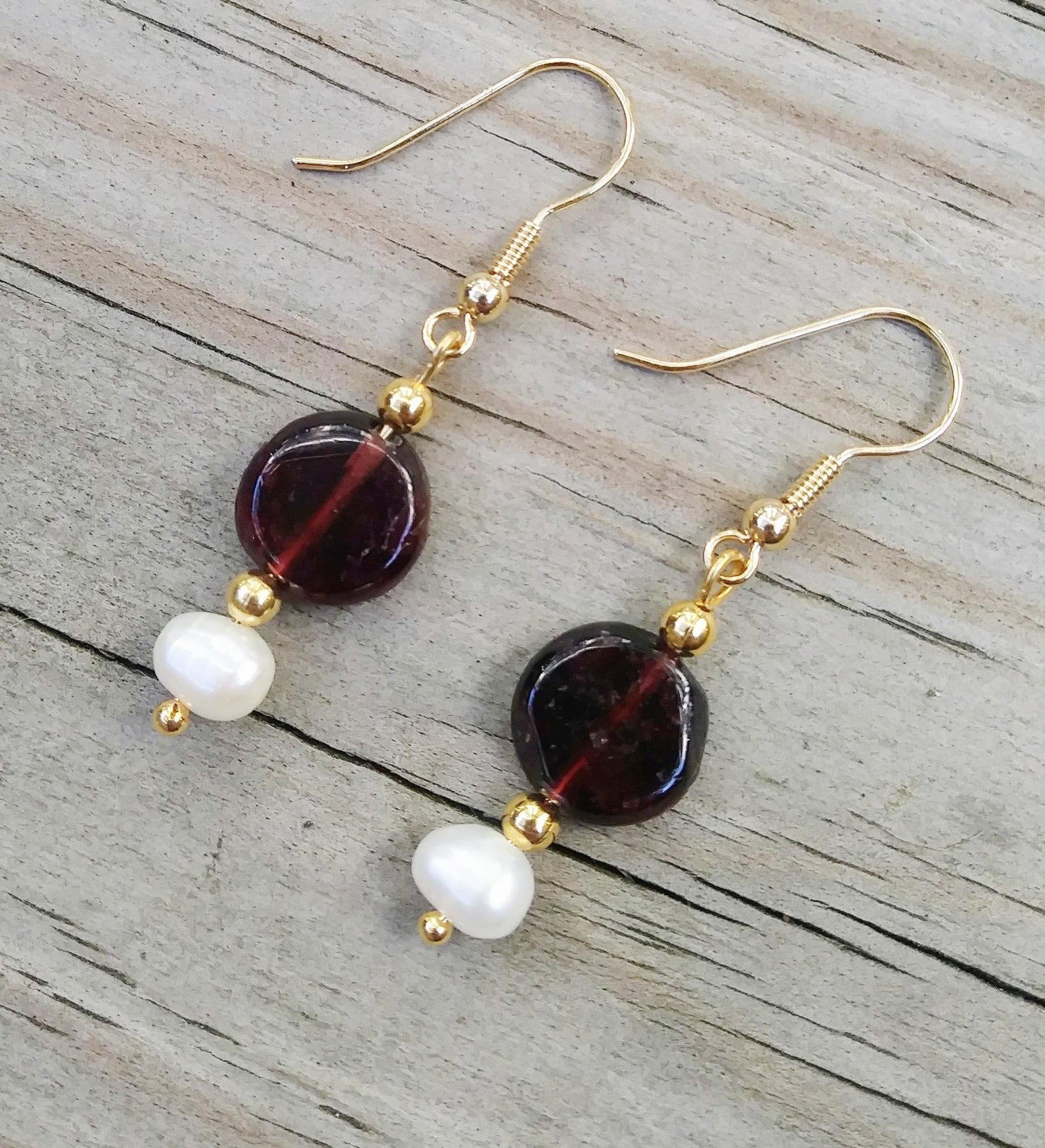 Simple Pearl & Garnet Gold Dangle Earrings