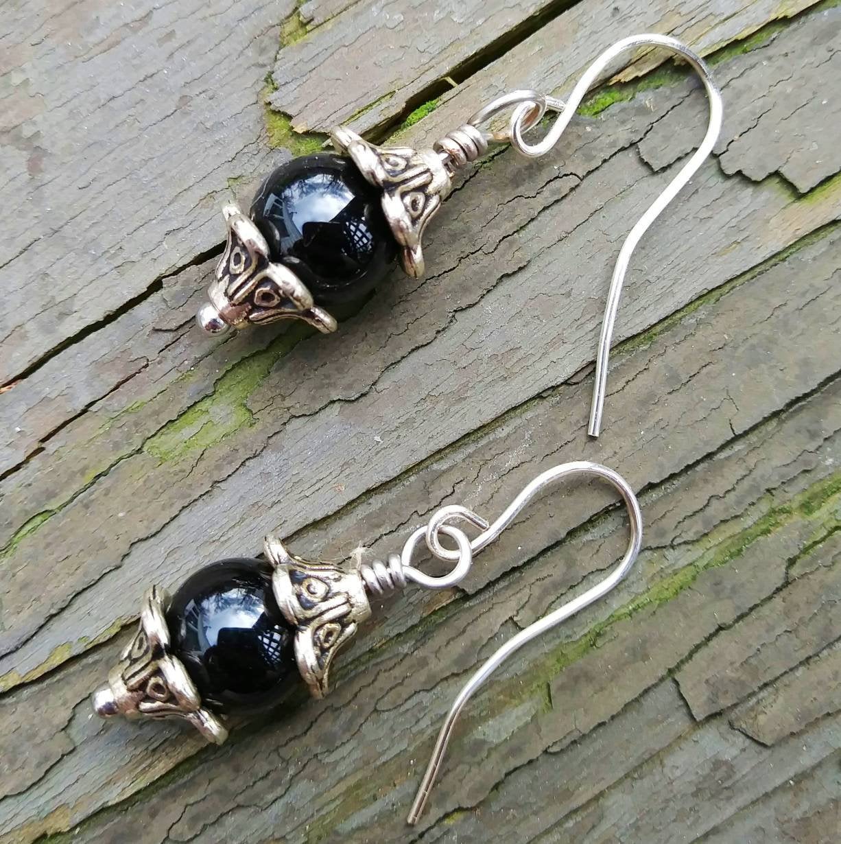 Black Onyx & Silver Floral Dangle Earrings