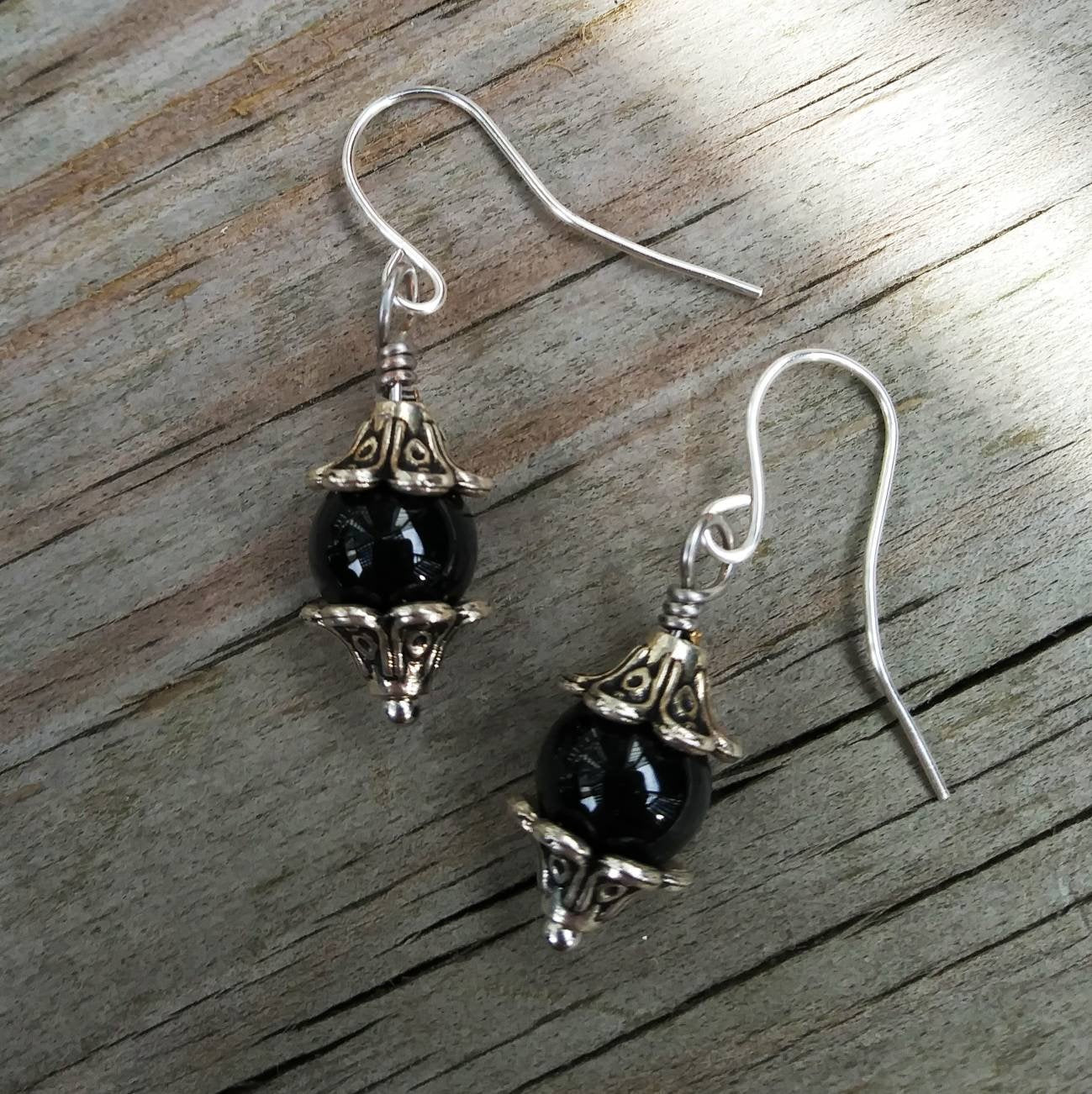 Black Onyx & Silver Floral Dangle Earrings