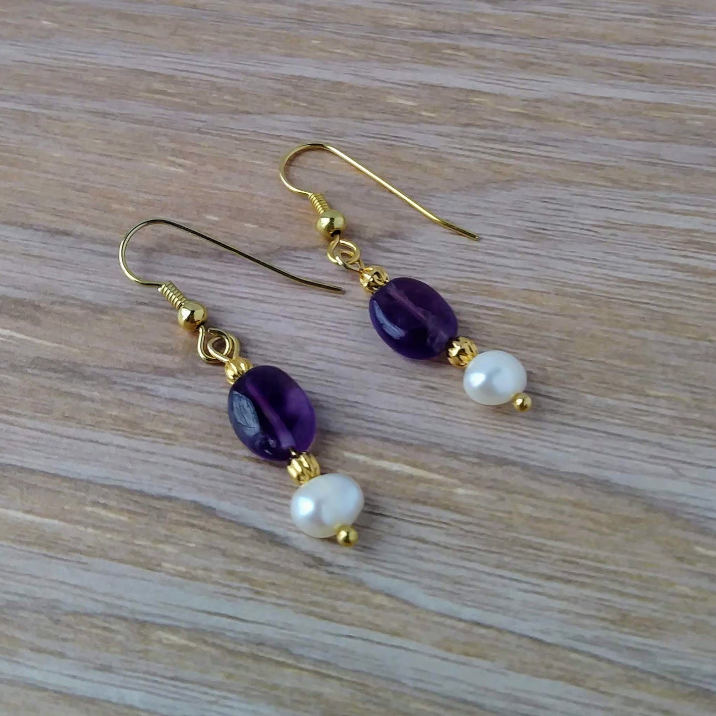 Deep Purple Amethyst & Pearl Gold Dangle Earrings