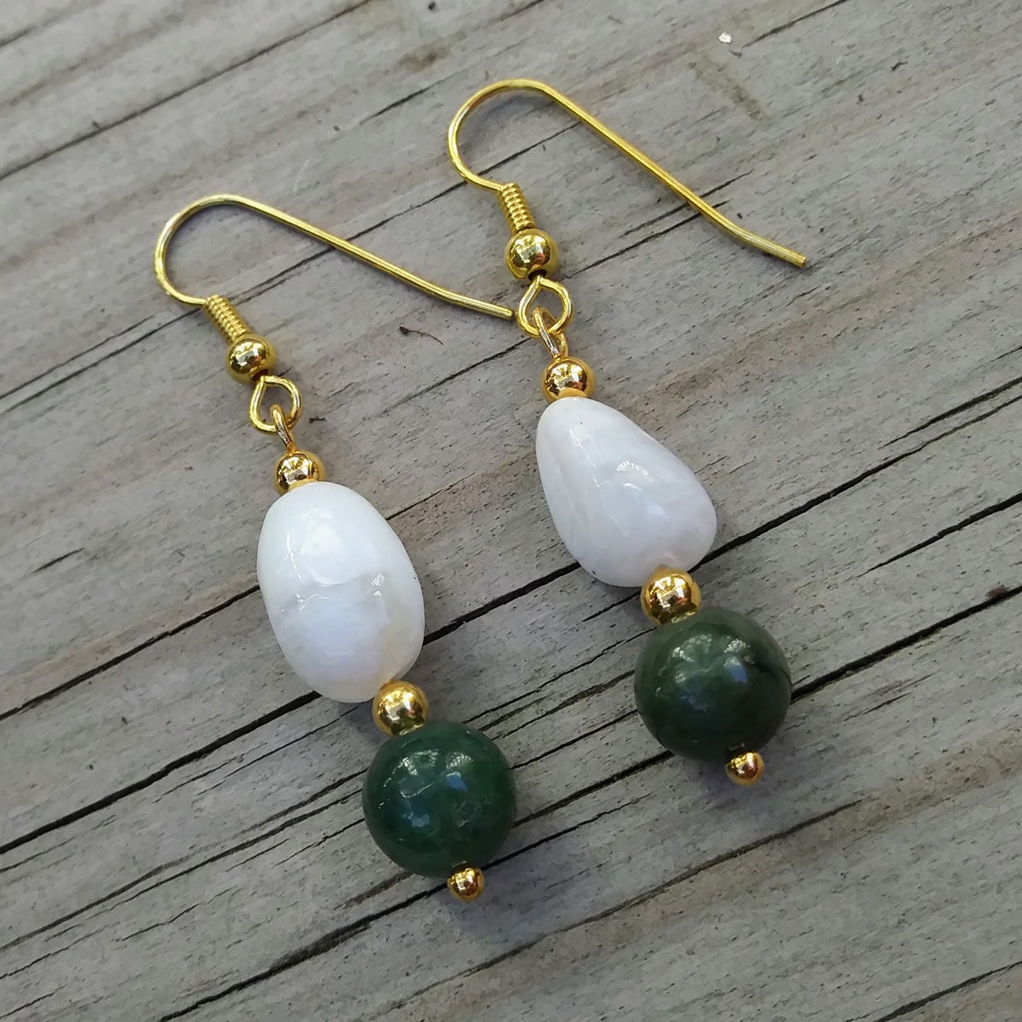 Dark Green Jade & Peruvian Opal Gold Earrings