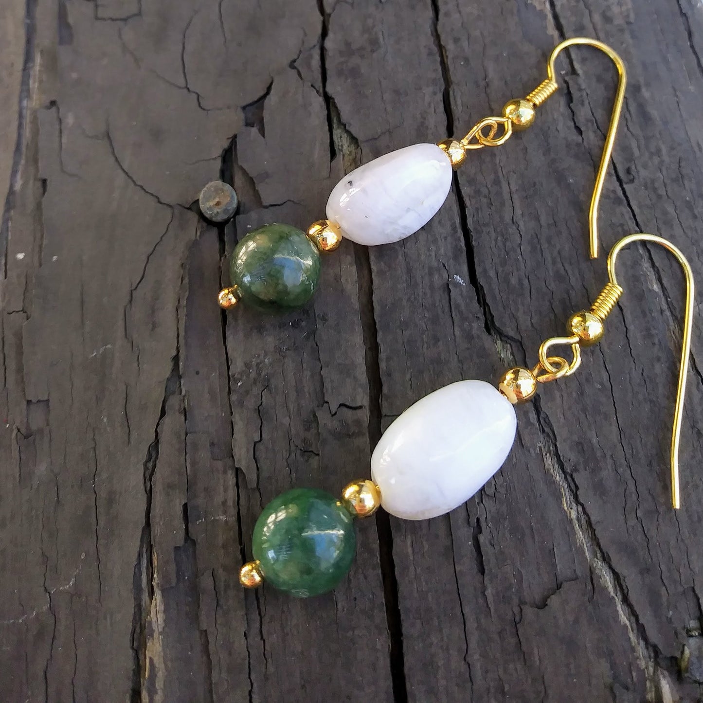 Dark Green Jade & Peruvian Opal Gold Earrings