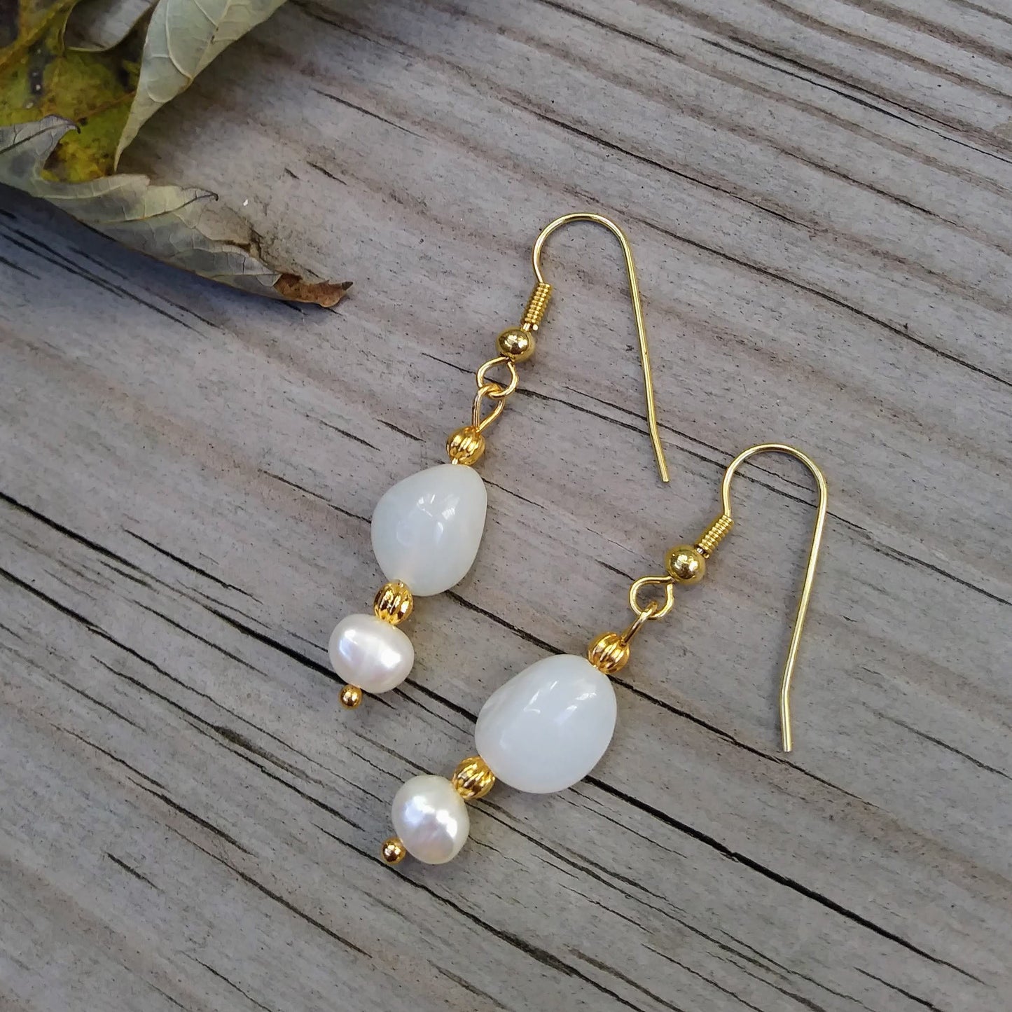 Peruvian White Opal Gold Dangle Earrings with Pearl Accents